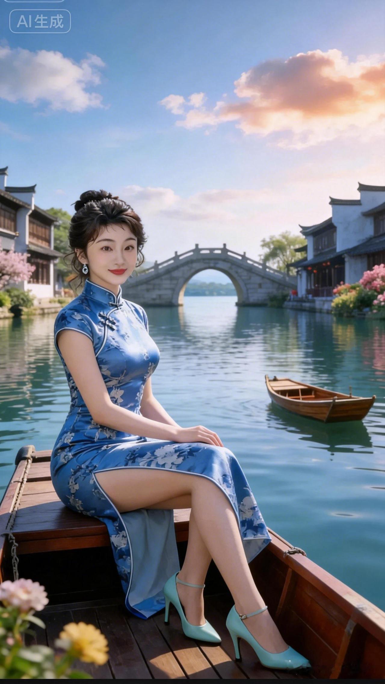 旗袍美人坐船游，江南水乡韵味浓！