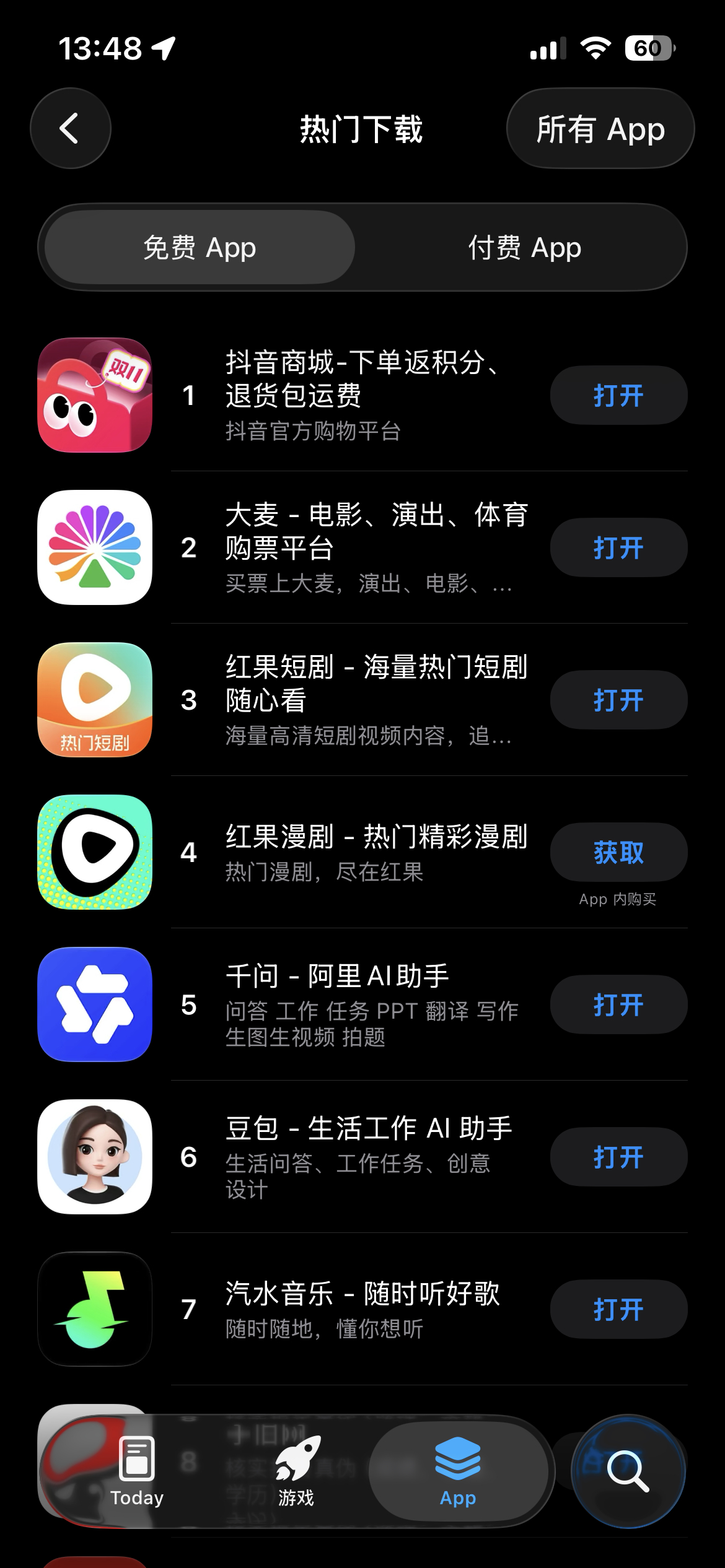 appstore正式进入字节时代还真的是，免费app热门下载前7占了6席，没想到
