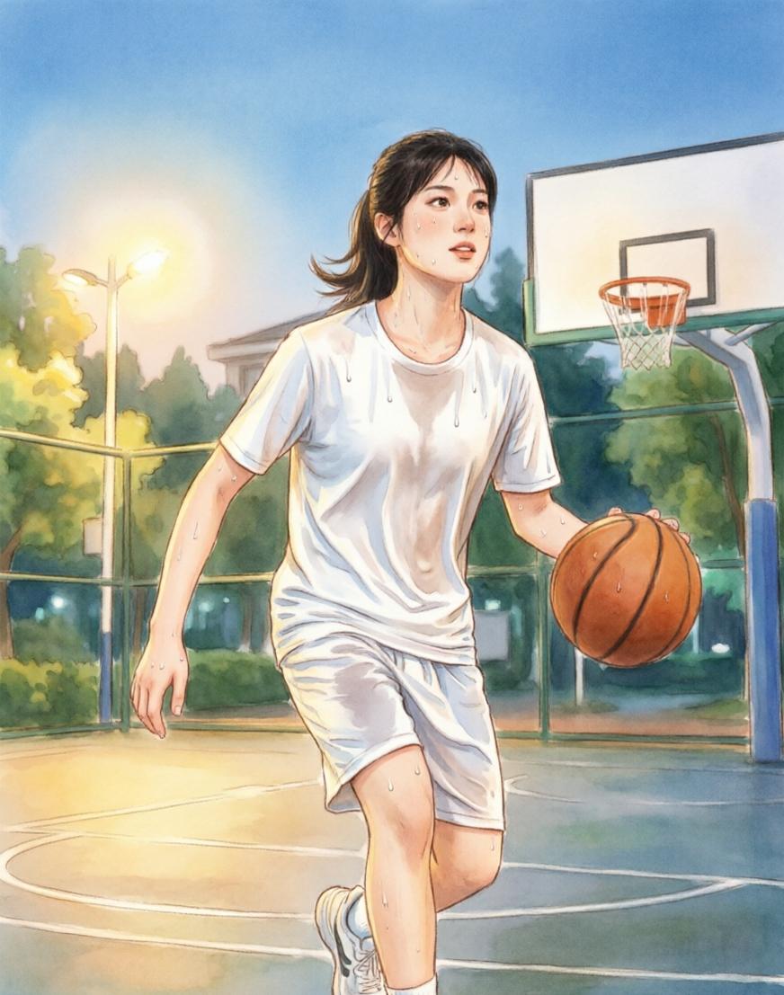 昨晚在小区篮球场打了半小时球，汗水浸湿球衣的瞬间，晚风恰好掠过耳畔。篮球撞击地面