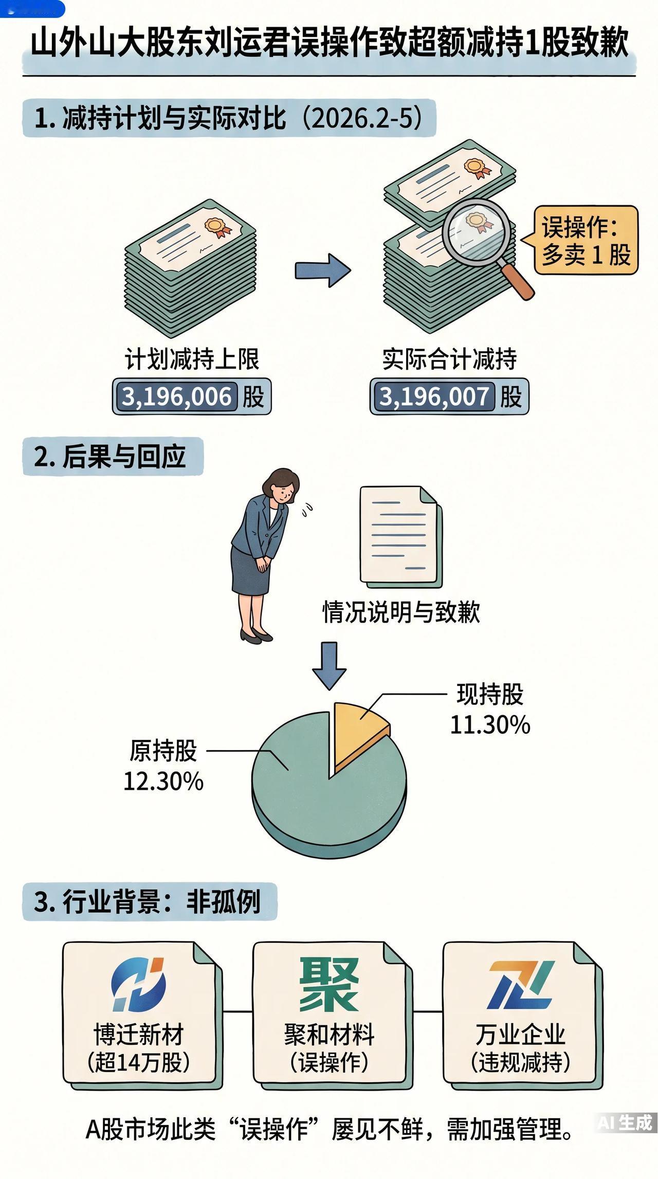 比减持计划多卖了1股
山外山股东刘运君道歉