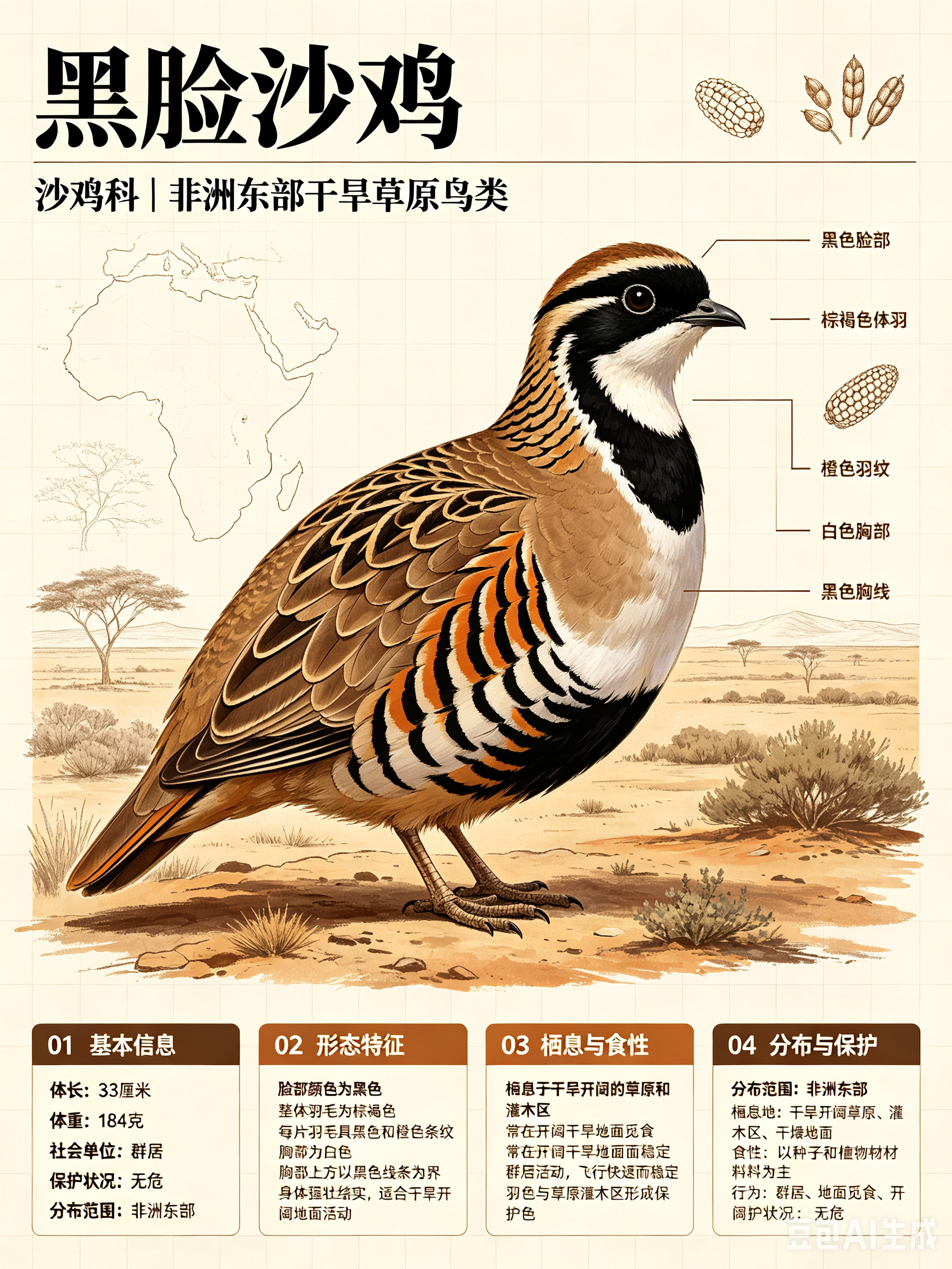 鸟类朋友图鉴 黑脸沙鸡体长：33 厘米体重：184 克社会单位：群居保护状况：无