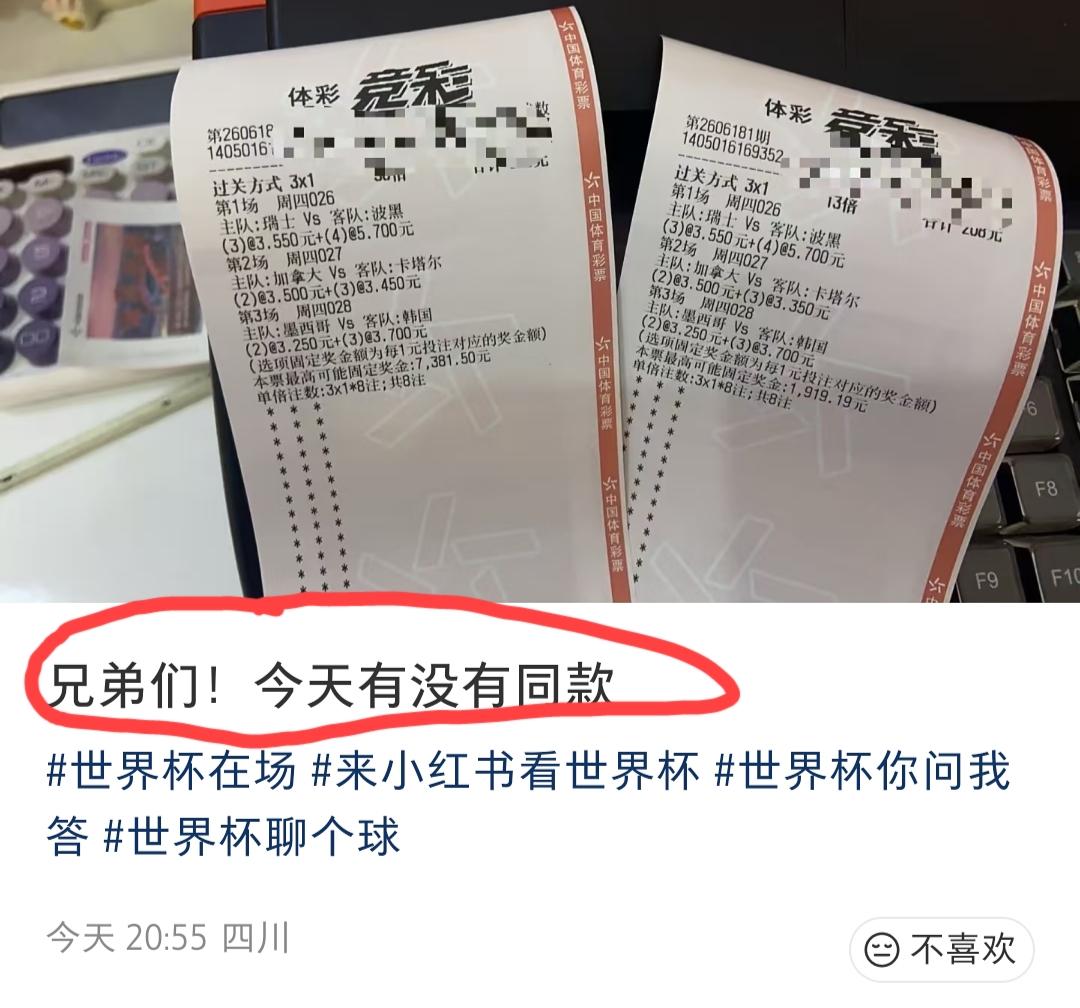 四川网友晒出的两张彩票，大家觉得有没有可能中？
这位朋友看来是喜欢押注总进球数，
