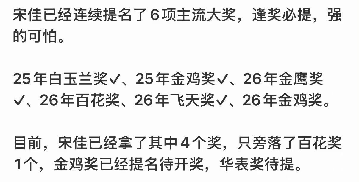 宋佳真的是很厉害了，这个大家是有目共睹的，也确实很努力宋佳已经连续提名了6项主流