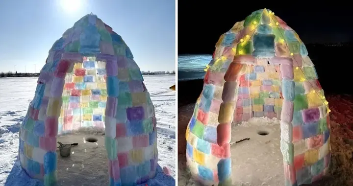 女子用600块彩色冰砖“手搓”冰屋，因“翻车”意外圈粉，网友“云监工”下大功告成!邀游客围炉赏雪吃火
