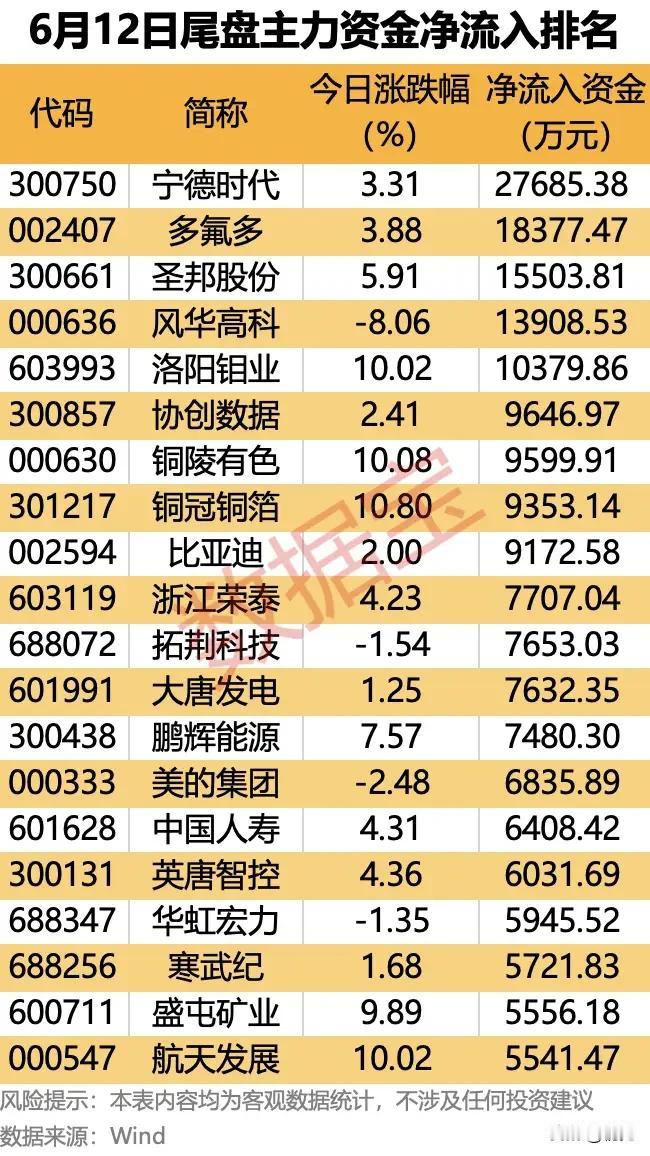 尾盘抢筹信号！6月12日主力净流入TOP20，资金尾盘布局逻辑全景拆解！
 
6