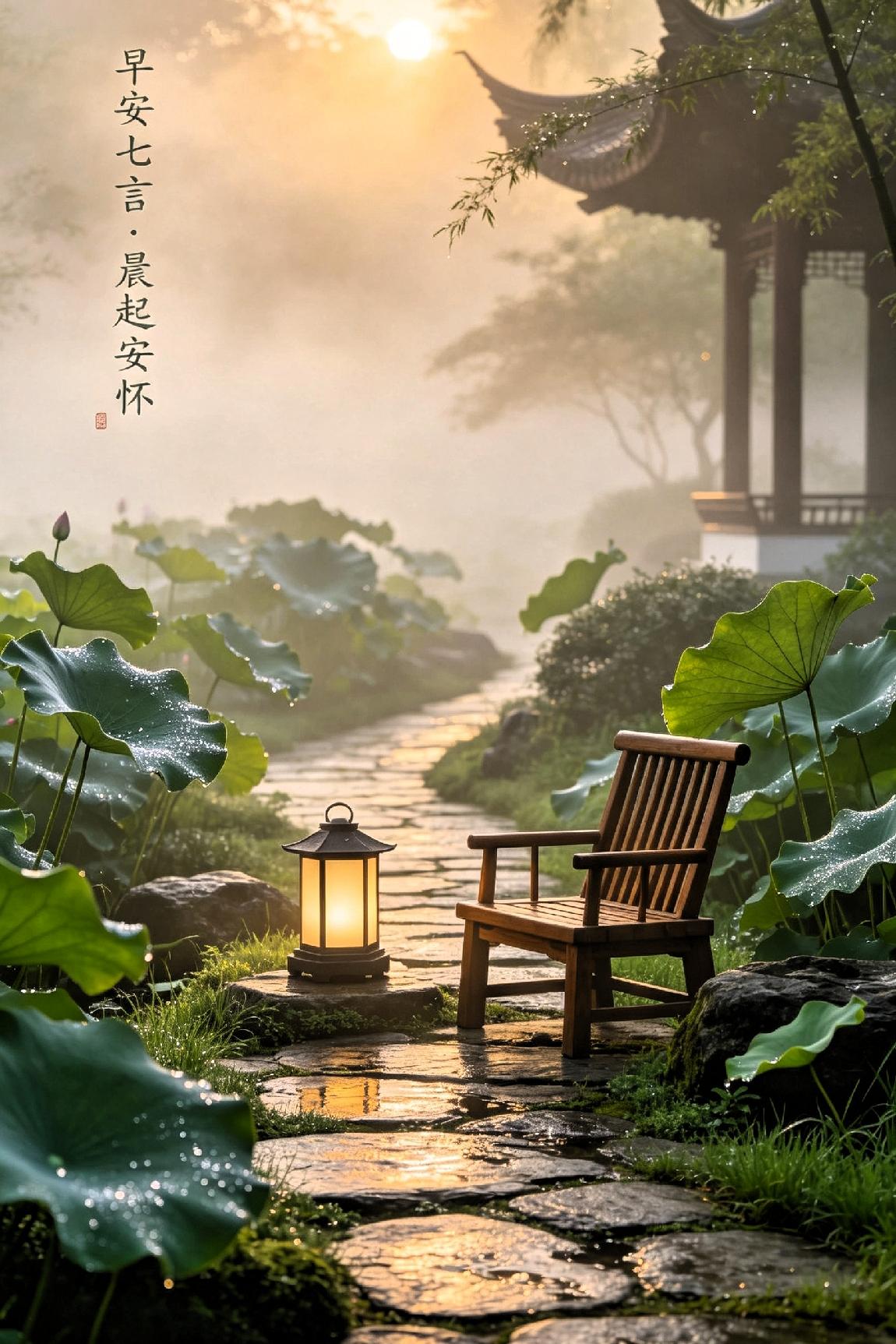 早安七言·晨起安怀

 
晓雾轻笼碧野长，曦光穿户洒幽堂。

风摇庭柳凝清露，鸟