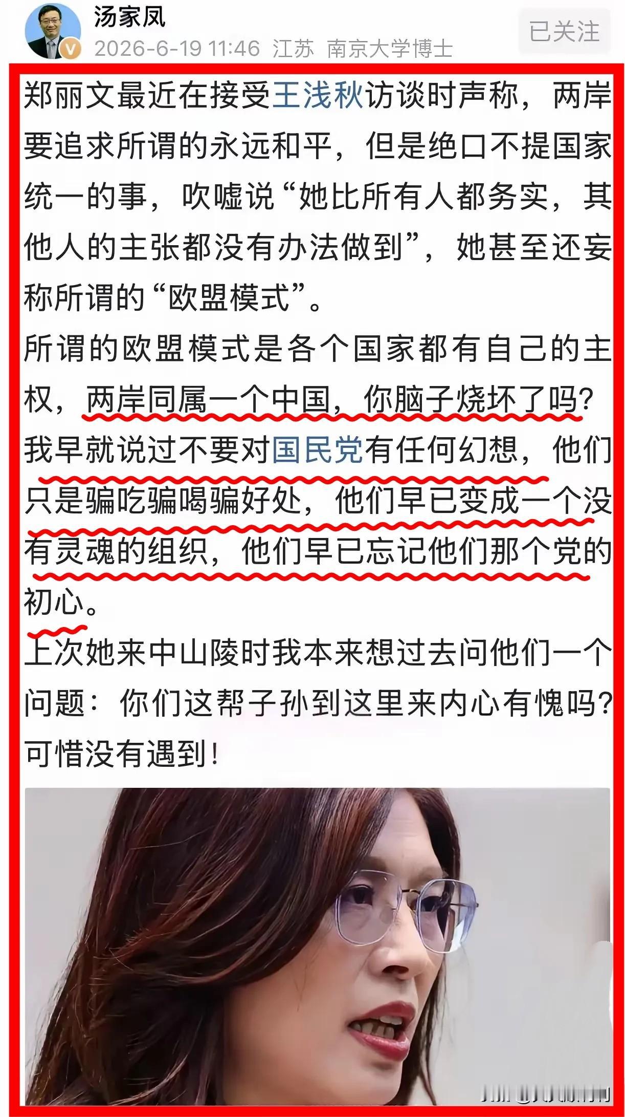 看到汤家凤骂郑丽文那段视频，我这心里真是说不出的痛快。

中山陵前那副深情款款的