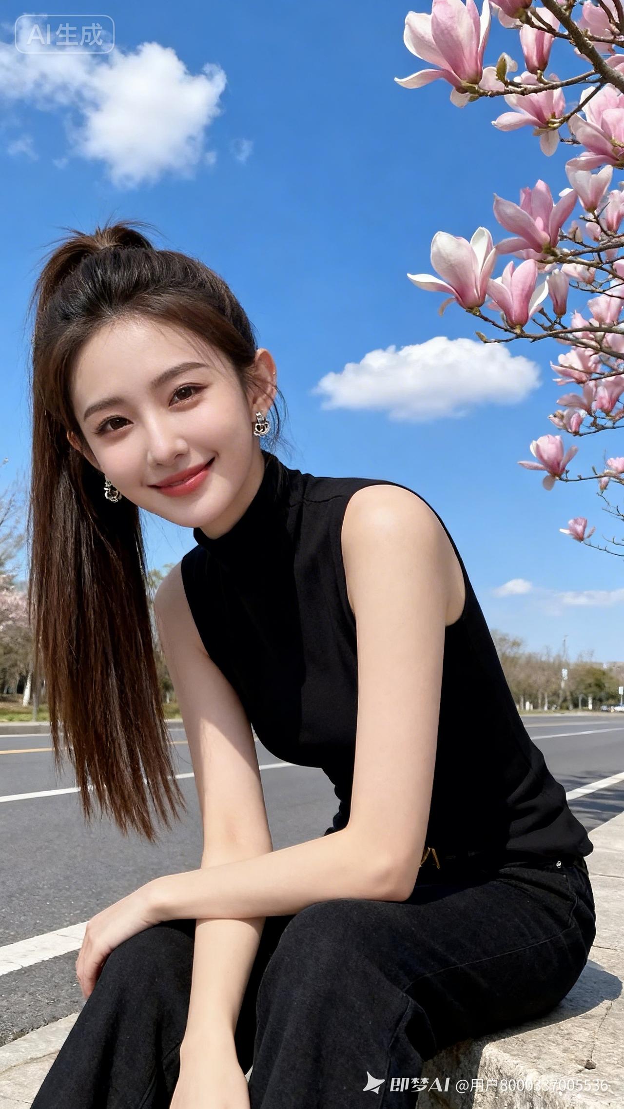 美女冷白皮棕直高马尾，妆容精致笑容甜美，着同款服饰坐石质平台。近景特写，蓝天白玉