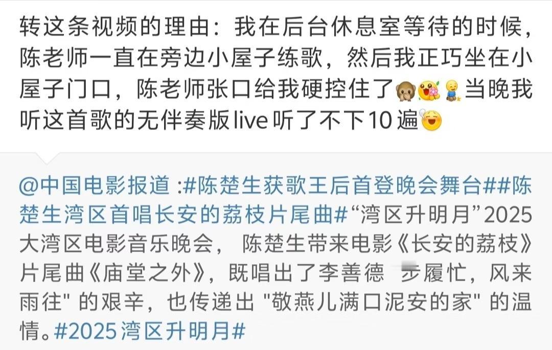 湾区晚会工作人员说在候场室听了不下10遍陈楚生练习的《庙堂之外》。
这是真实的声