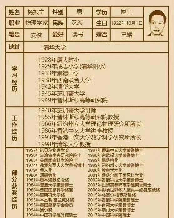 杨振宁的简历，感觉我的那都是废纸一张…