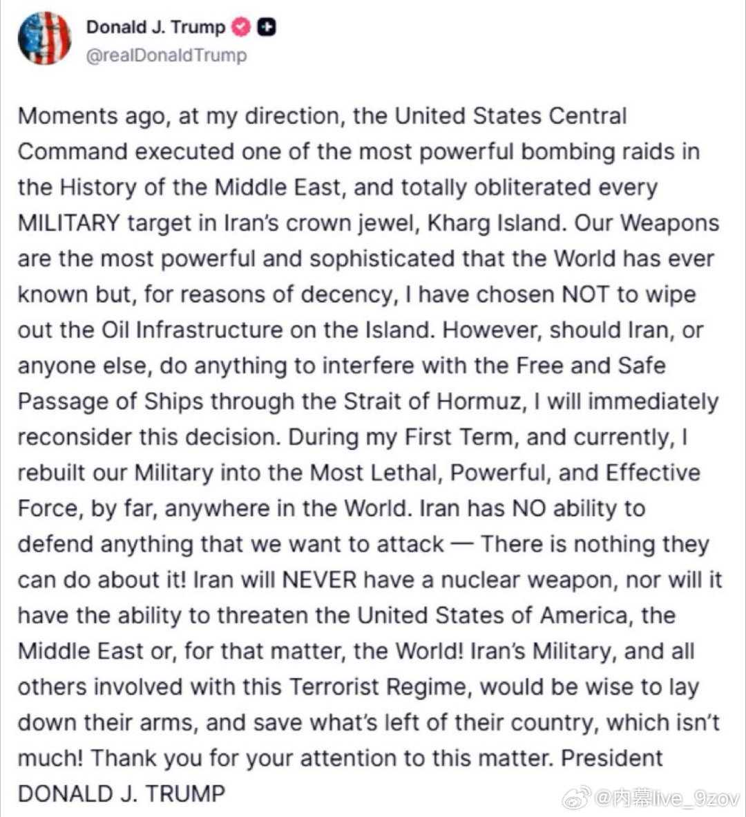 特朗普：就在刚才，在我的指示下，美国中央司令部执行了中东历史上威力最强大的轰炸行