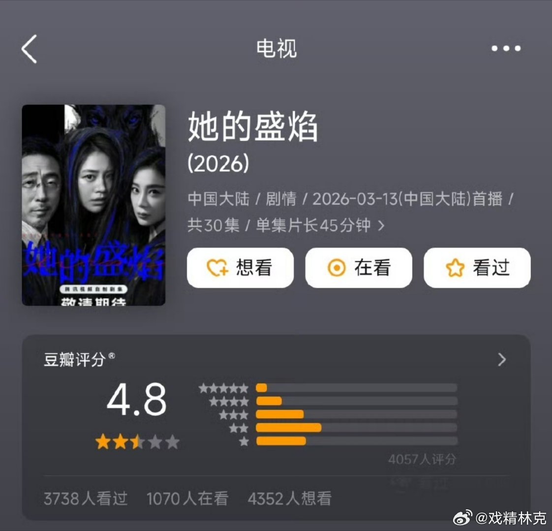 马思纯和宁理的她的盛焰豆瓣开分4.8分，居然这么低…这剧开播的时候号称国产版黑暗