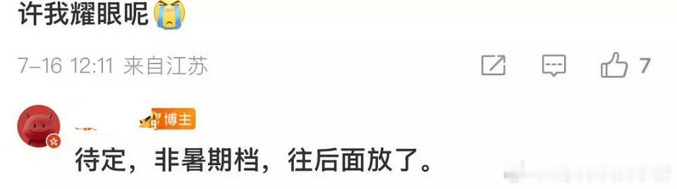 赵露思的许我耀眼不是暑假档，要延后了🥲 ​​​