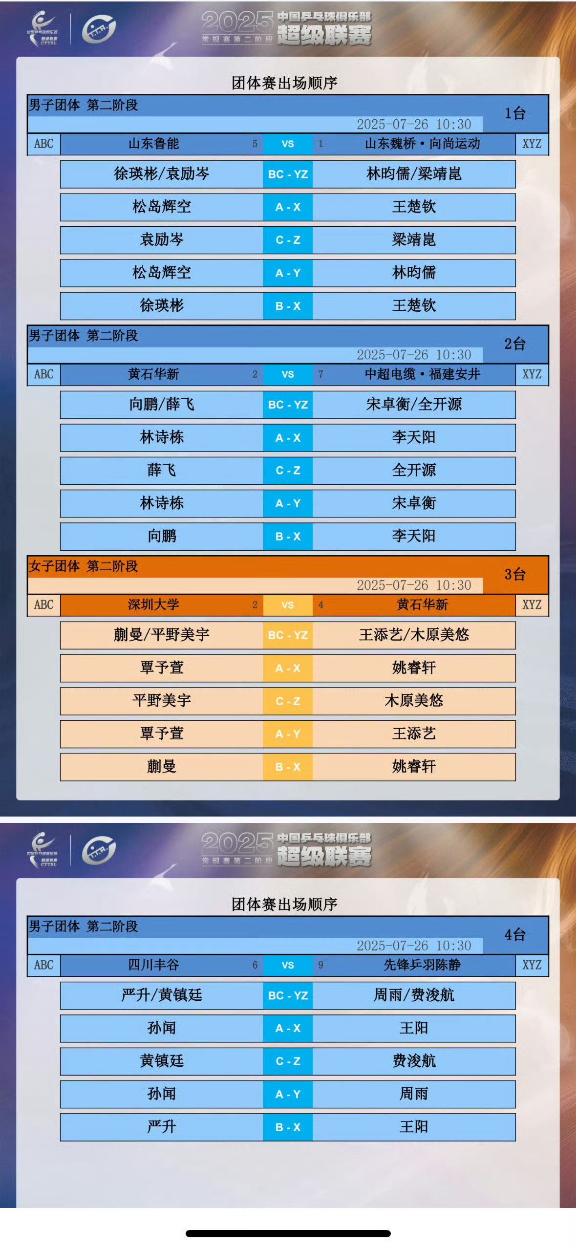 2025乒超联赛7月26日上午场出场顺序 ​​​