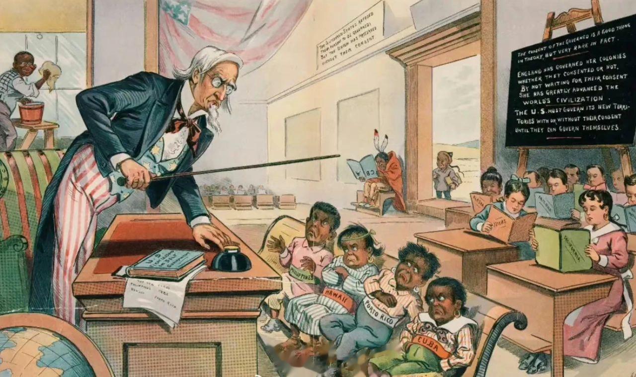 一百多年的美国漫画：前排四个坏学生菲律宾、夏威夷、波多黎各、古巴在挨揍。印第安人