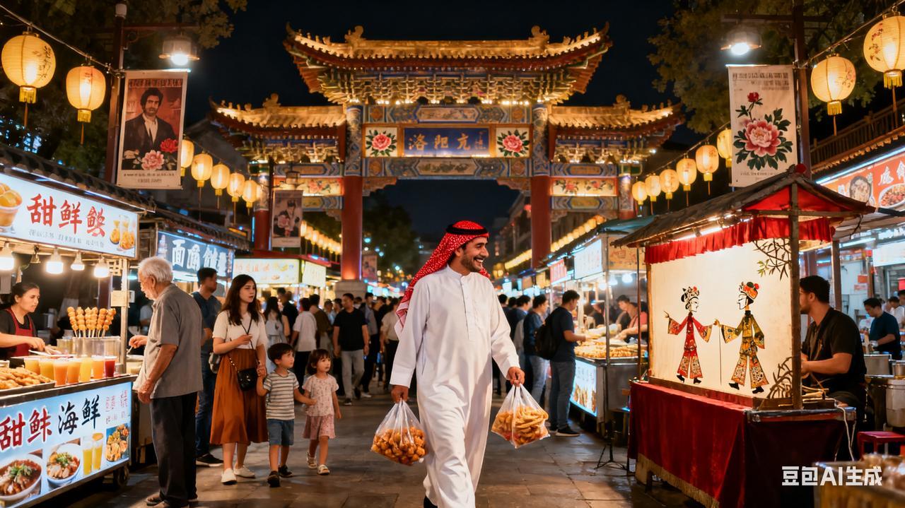 伊拉克老王觅食洛阳夜市
夜市入口处，老王站定了。热浪混杂着孜然、羊油、辣子和某种