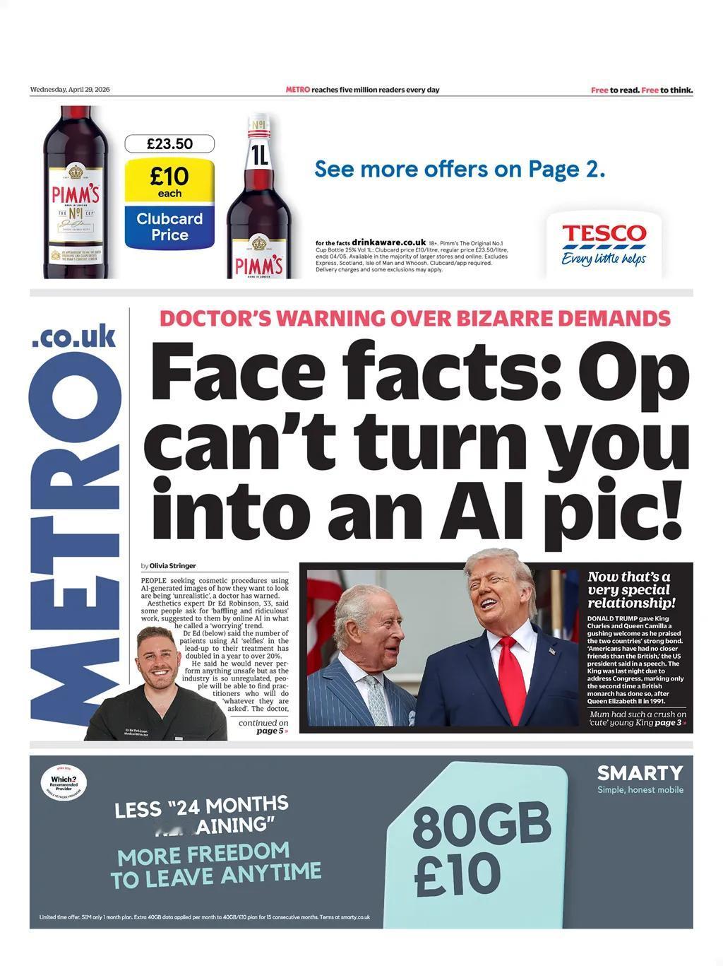 《地铁报》头版报道，一位医生警告人们在考虑整形手术时不要使用AI生成的图像。