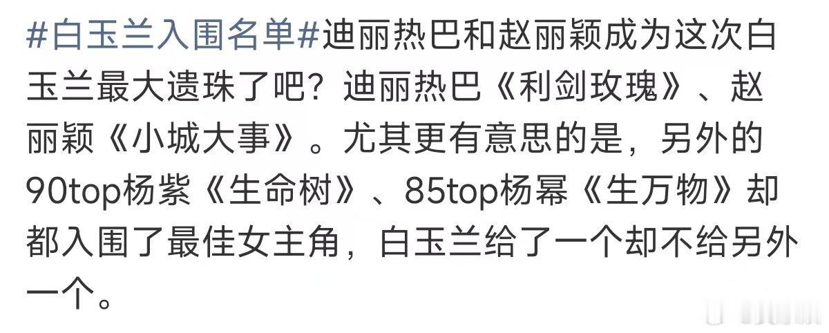 迪丽热巴赵丽颖白玉兰遗珠 白玉兰入围名单  迪丽热巴18年就有奖了哦 现在还是9