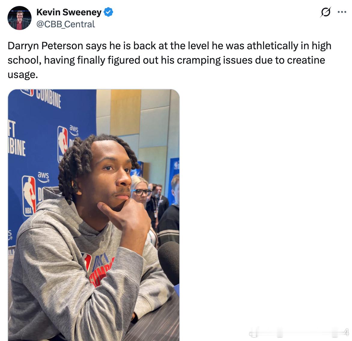 据Kevin Sweeney报道，达林·彼得森表示，在弄清楚因使用肌酸而导致的抽