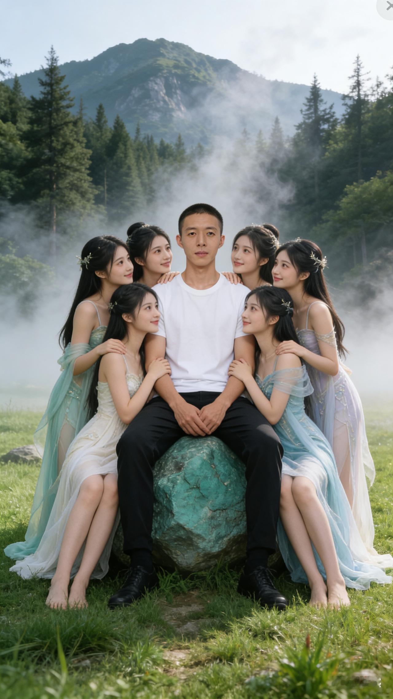 青石倚山立，帅哥坐中央。
六美分两侧，笑靥在山间
青石风景 。