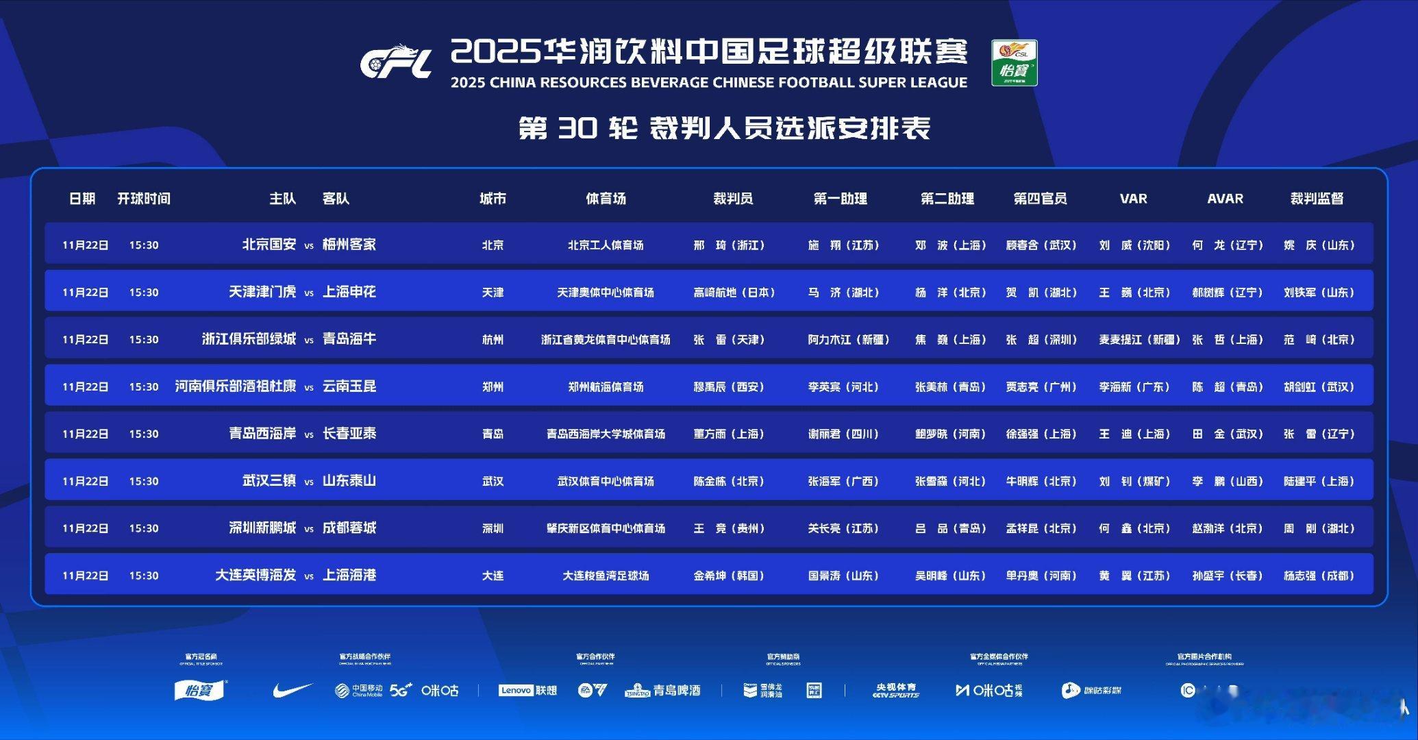 中超第30轮裁判安排！ 
