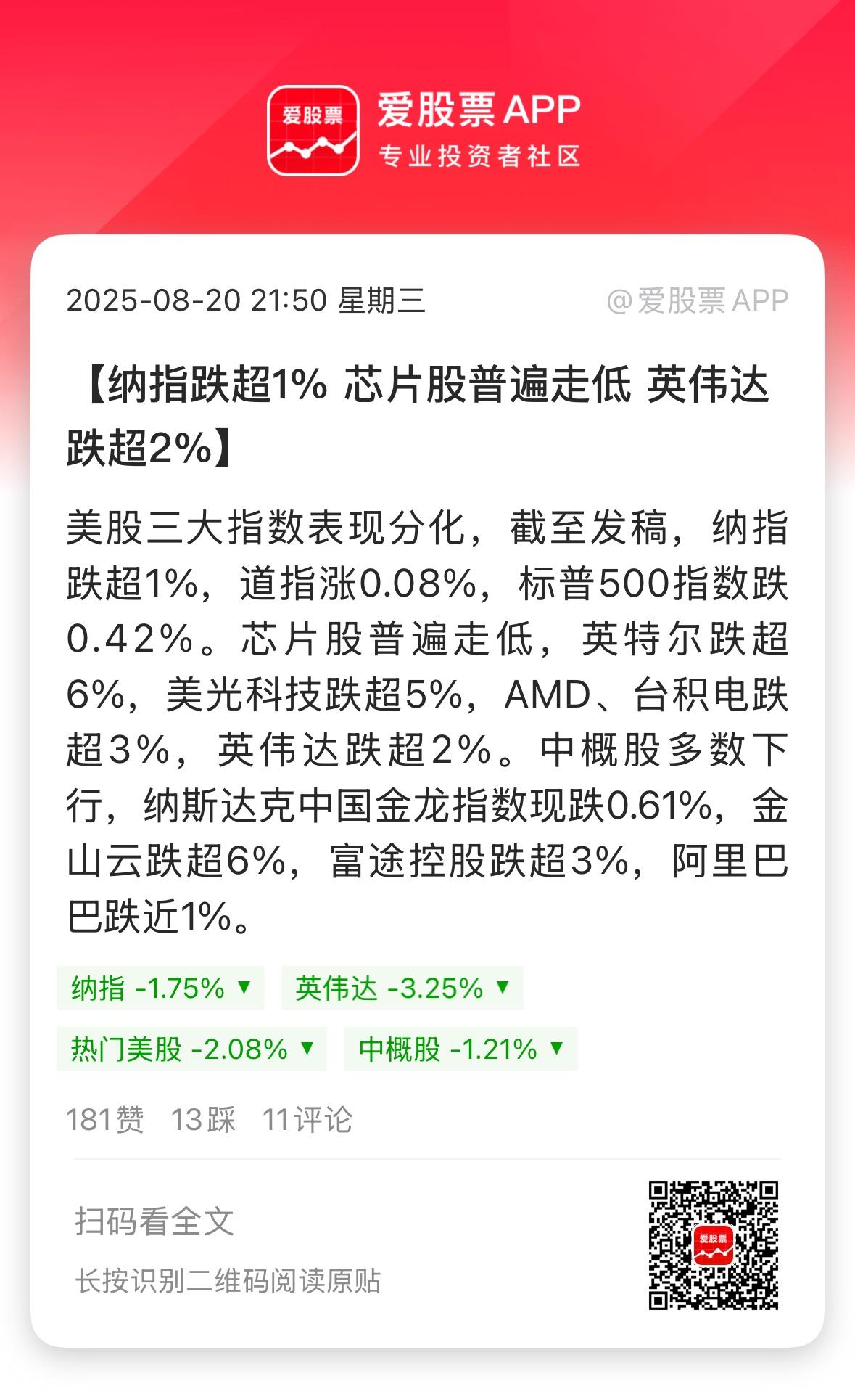 今晚美股纳斯达克又大跌，美股七姐妹集体下挫。宇宙第一强的英伟达跌超3%，这是连续