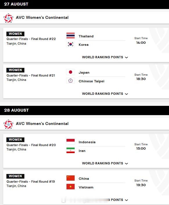 2026年女排亚锦赛 八进四赛程官网确定。中国在后天周五晚上19:30对阵越南队