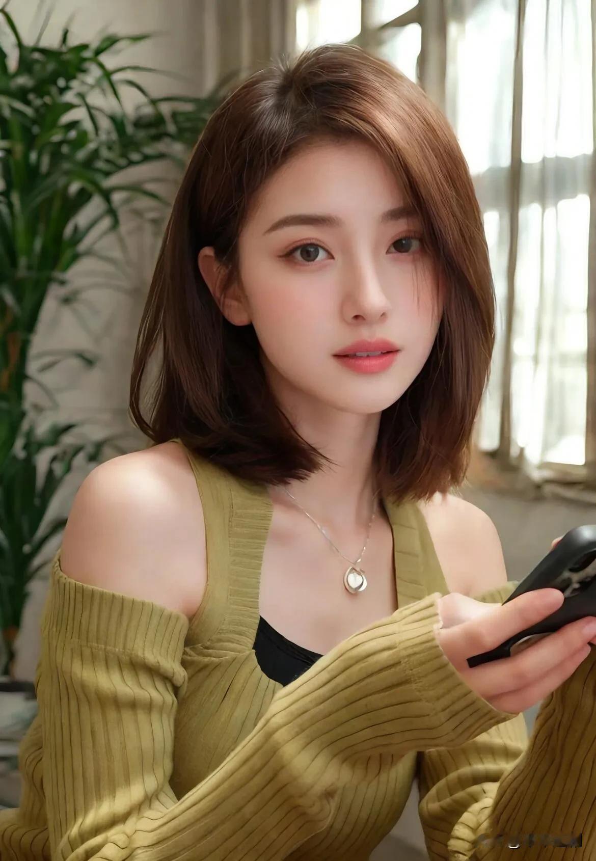 🌿 芥末绿露肩针织衫衬得松弛又随性，在洒满柔光的房间里，指尖划过屏幕，把慵懒的