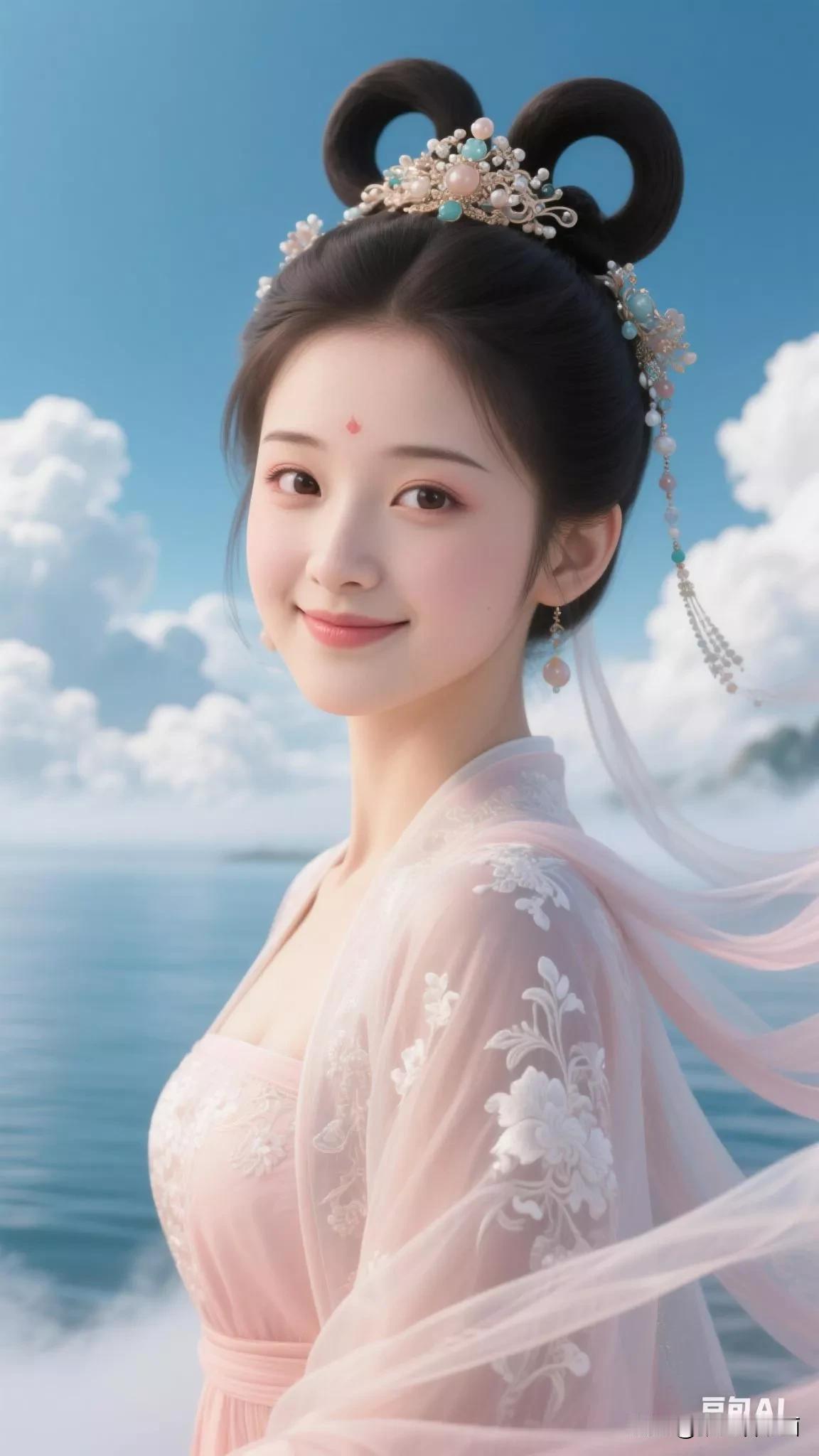 仙气飘飘的汉服少女，云海之上的梦幻仙境。张立启原创书画AI作品首发古侍女发髻集锦