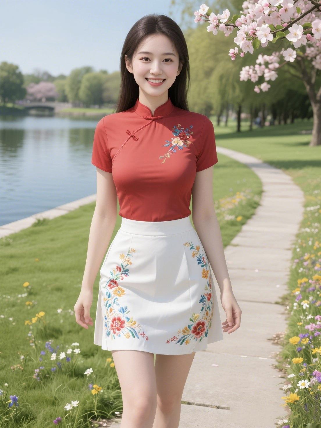 《春行·花影入襟》
 
风牵柳丝拂过青石板，
她踏碎晨光，从花径里走来。
朱红立