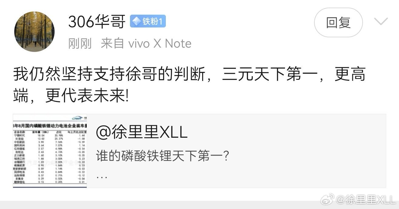 我喜欢三元不假，但我从不认为三元锂天下第一。我始终都是觉得三元锂和磷酸铁锂各有利