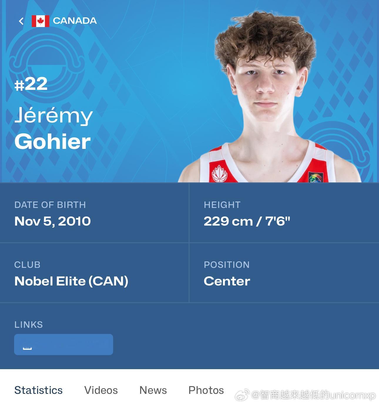 官网数据有误Jeremy Gohier出生于2011年，身高229公分？又长了？