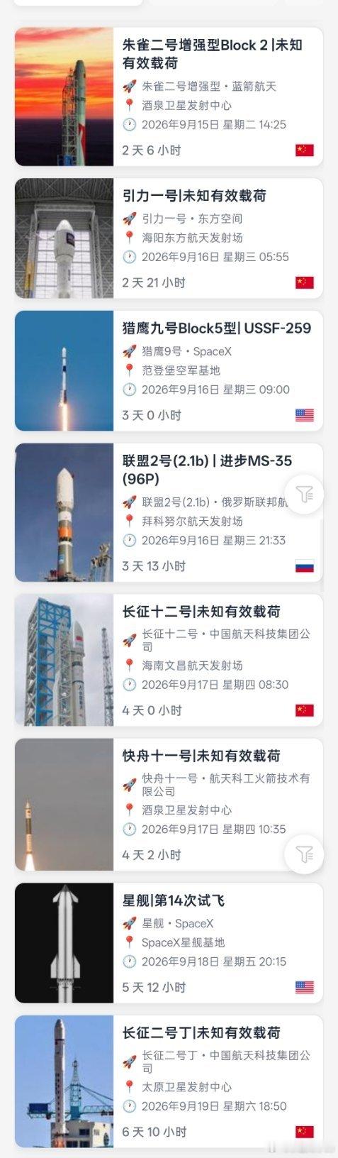 近期火箭发射时间 ​​​