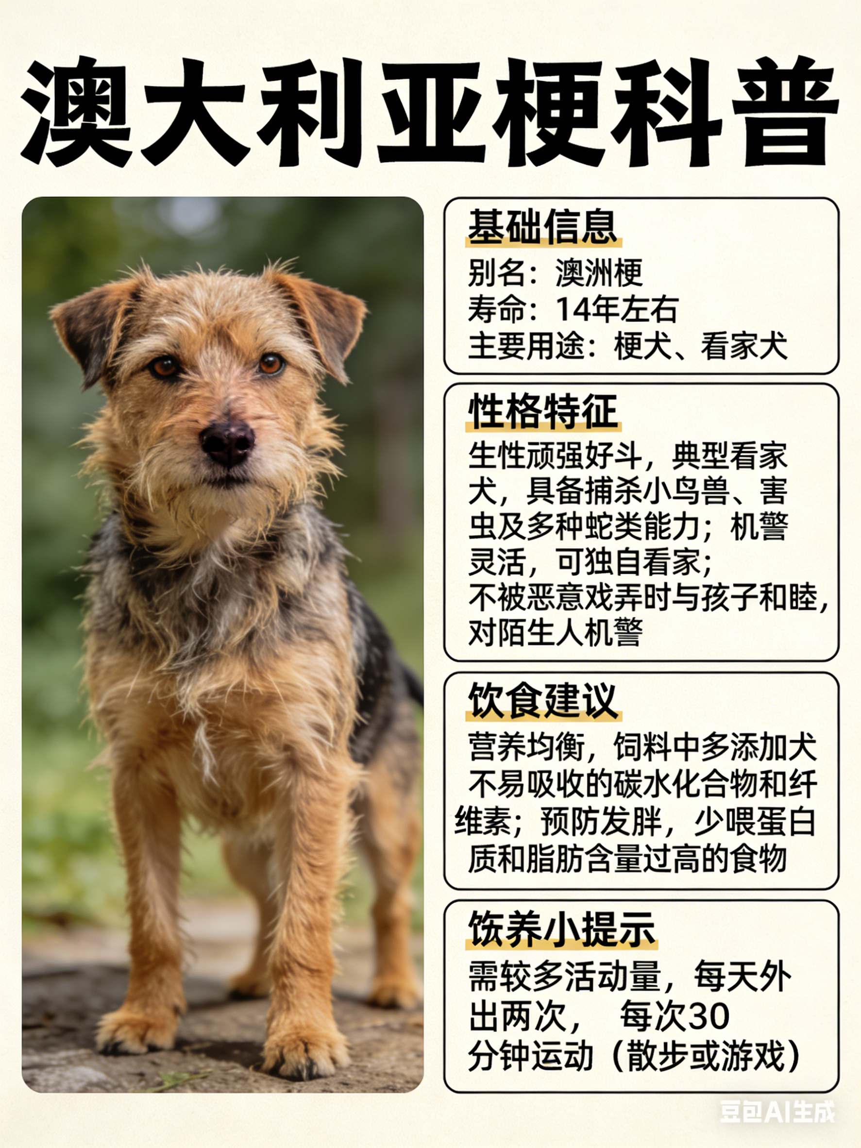 我AI的动物 澳大利亚梗别名：澳洲梗寿命：14年左右主要用途：梗犬、看家犬澳大利