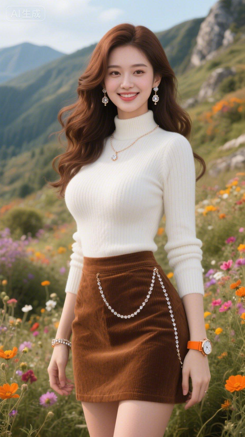 甜美少女风穿搭，白色毛衣搭配棕色短裙，置身花海中，尽显青春活力！🌸💕