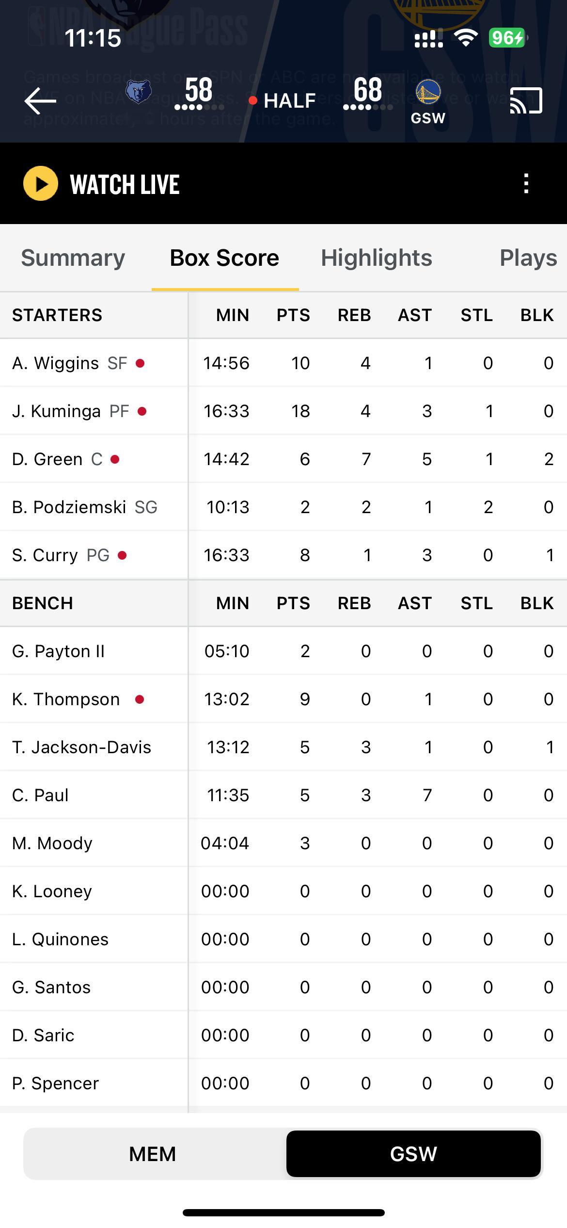 半场结束 勇士领先10分库明加18分 维金斯10分汤普森9分 库里8分#金州勇士