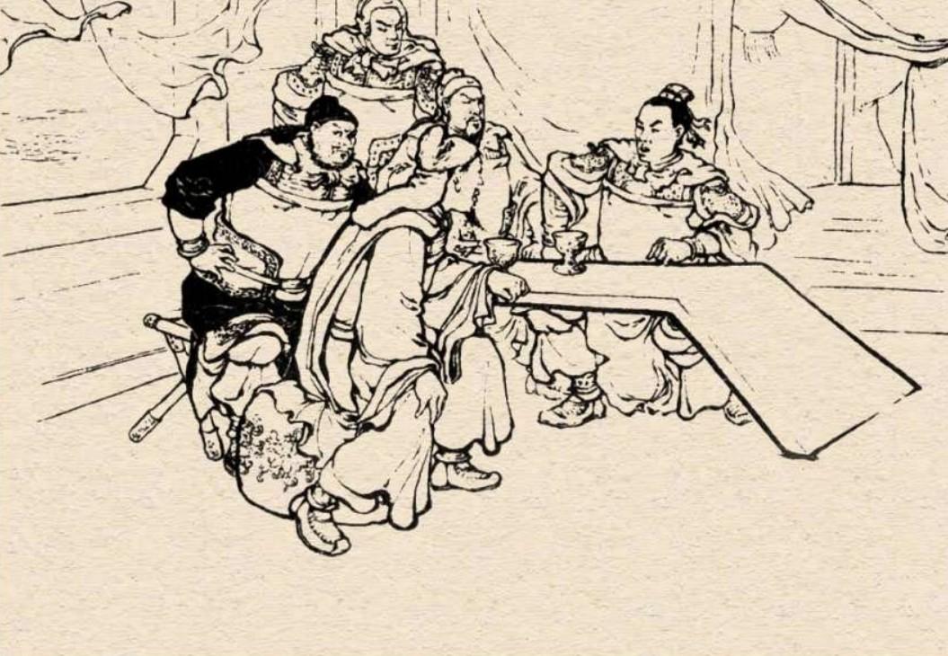 刘备、关羽、张飞、赵云四个人聚精会神围在一块，听着一个看起来年纪偏小的年轻人讲着