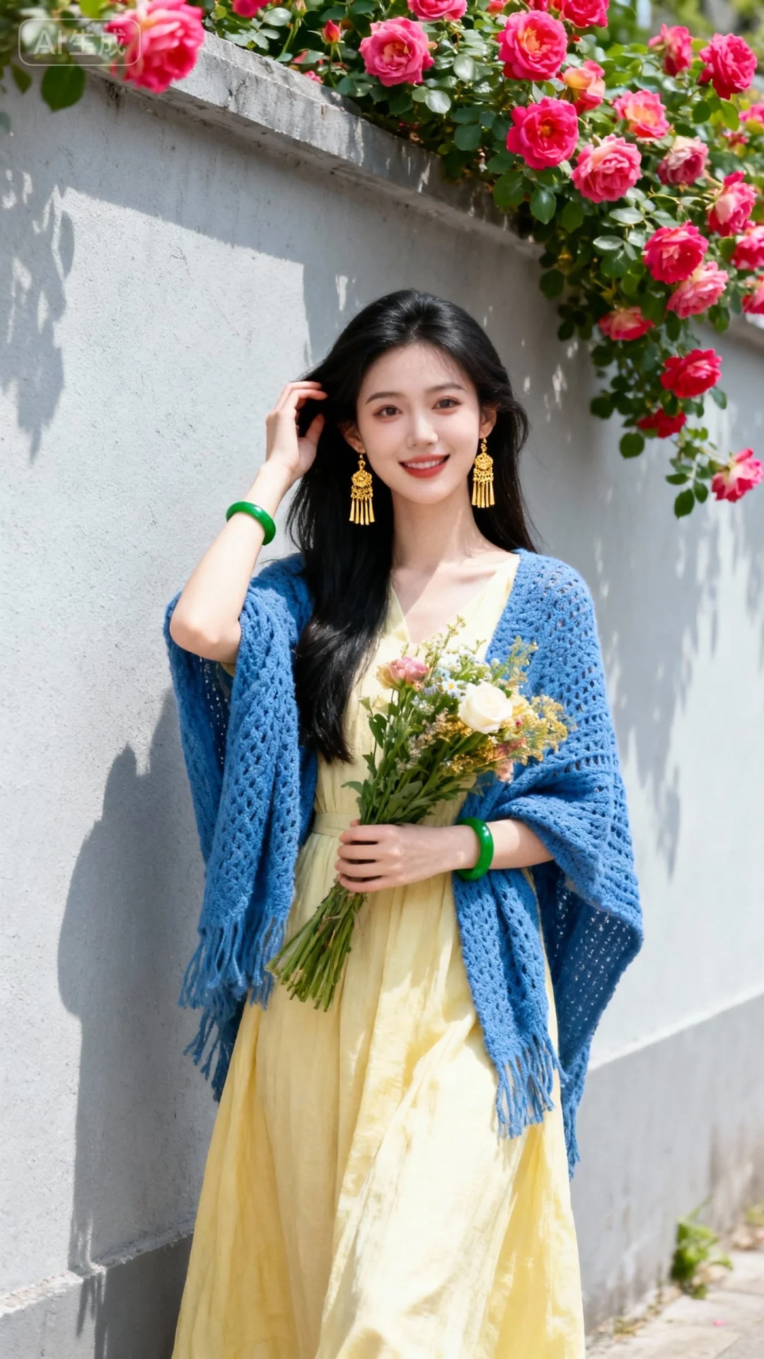 漂亮的女子，黑色长发，元气妆，冷白皮，戴金色流苏耳饰、绿色玉镯，穿浅黄...