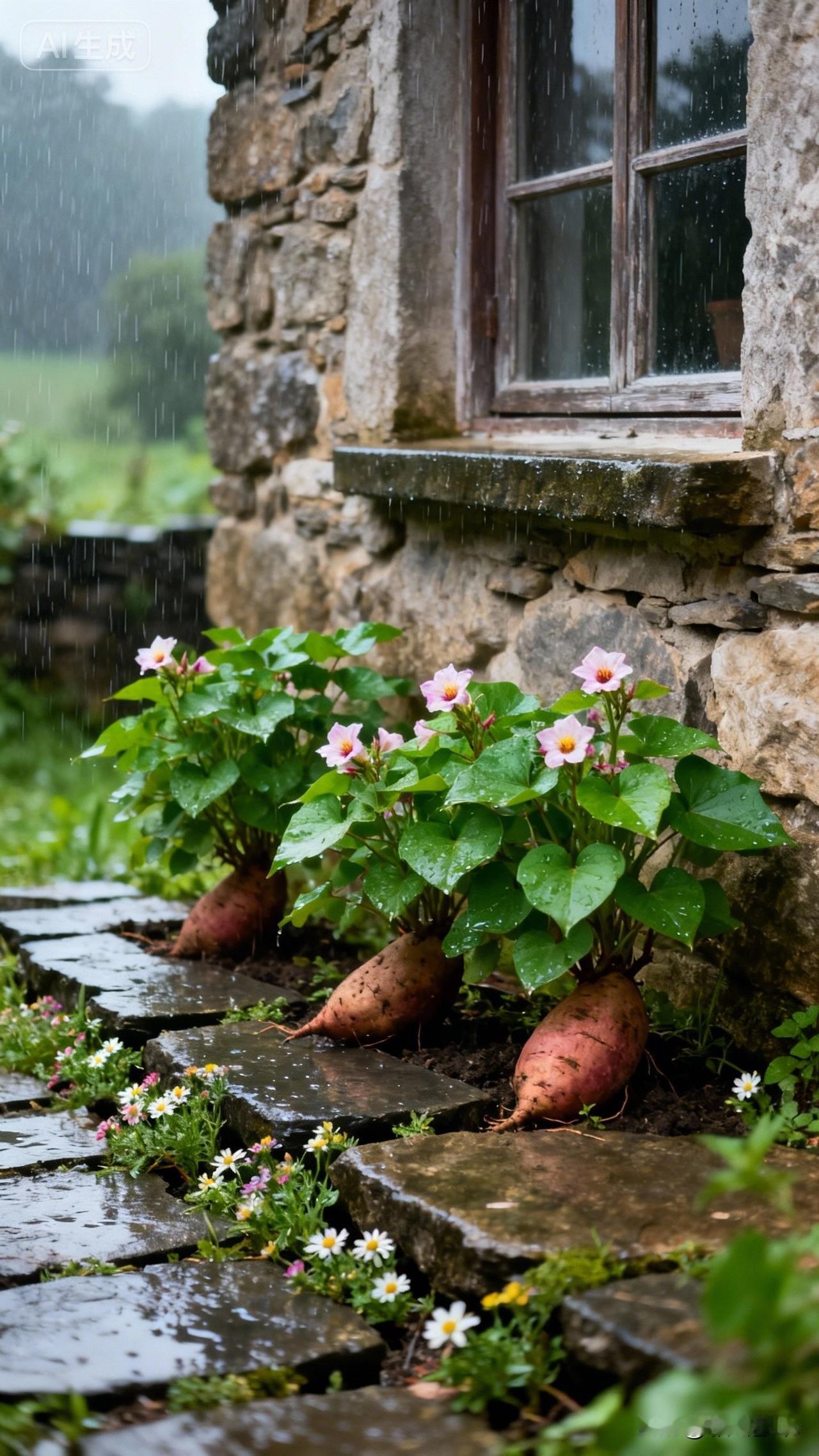 雨巷薯花
 
石墙沐雨印苔痕，木窗凝雾锁烟村。
薯块偏生篱下艳，粉花偷绽雨中魂。