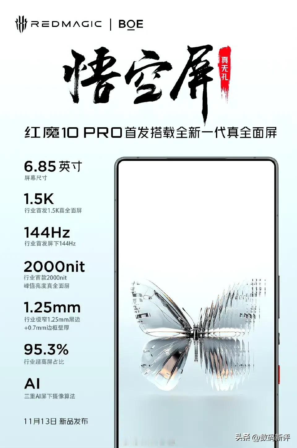 红魔10Pro，6.85英寸大屏，1.5K屏下

支持2592Hz PWM调光，