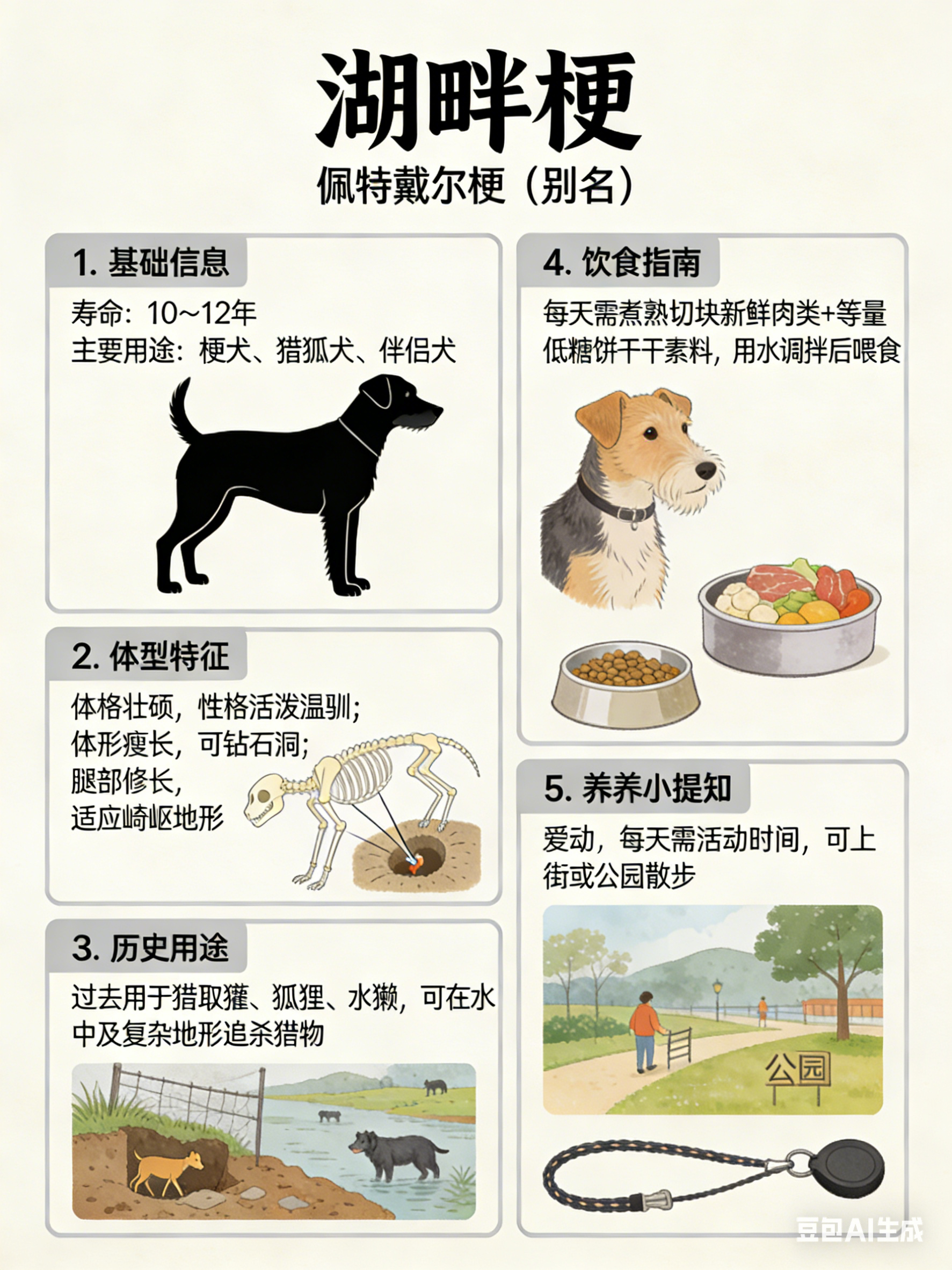 我AI的动物 湖畔梗别名：佩特戴尔梗寿命：10～12年主要用途：梗犬、猎狐犬、伴