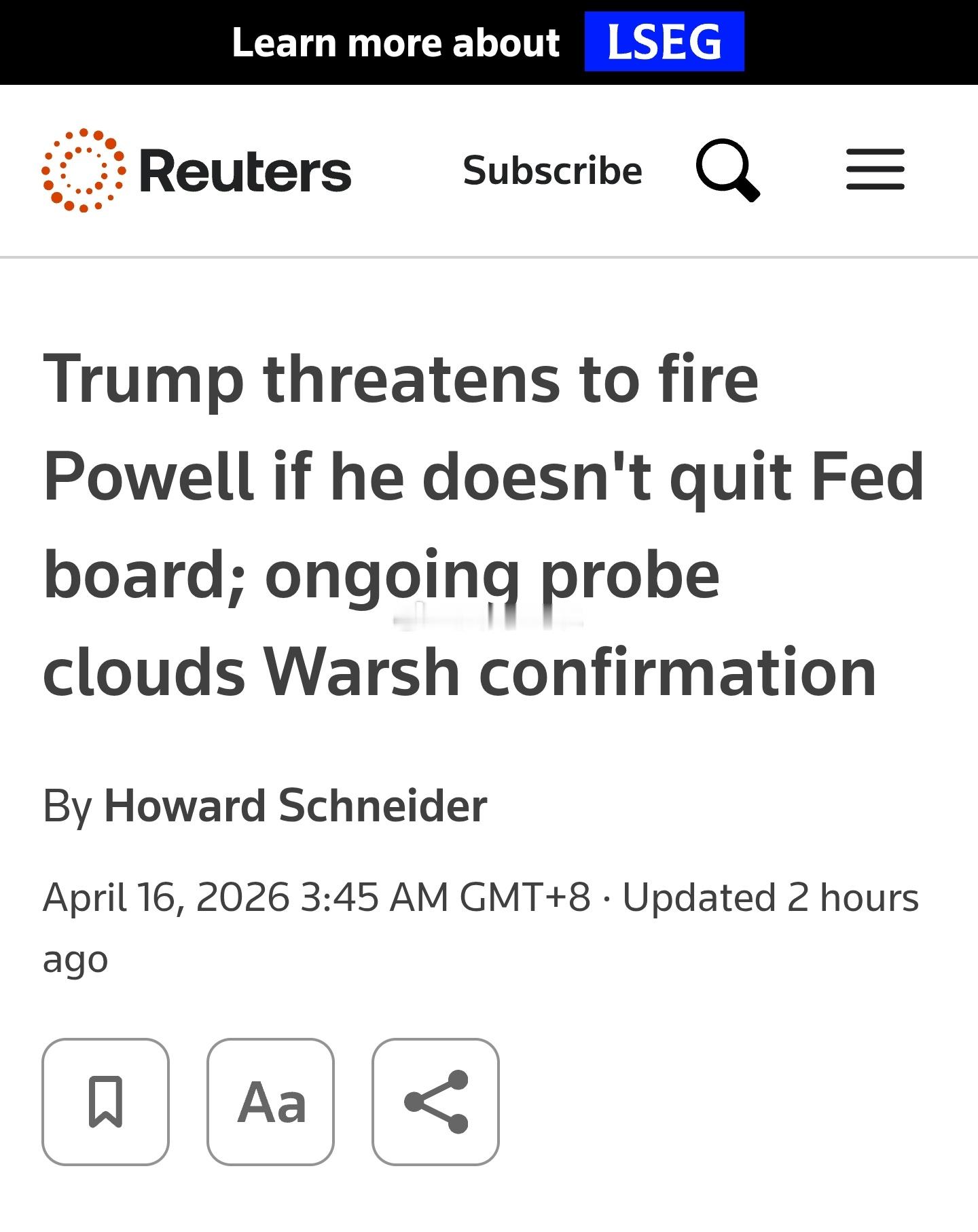 路透社报道，美国总统特朗普4月15日表示，如果现任美联储主席鲍威尔在新任美联储主