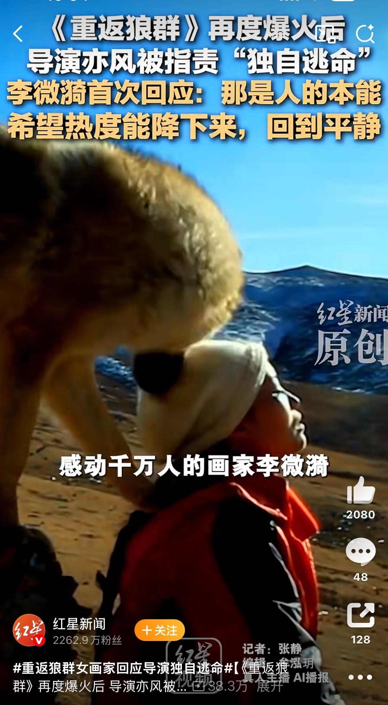 重返狼群女画家回应导演独自逃命   网络舆论有时会期待故事中的主角形象是完美无瑕