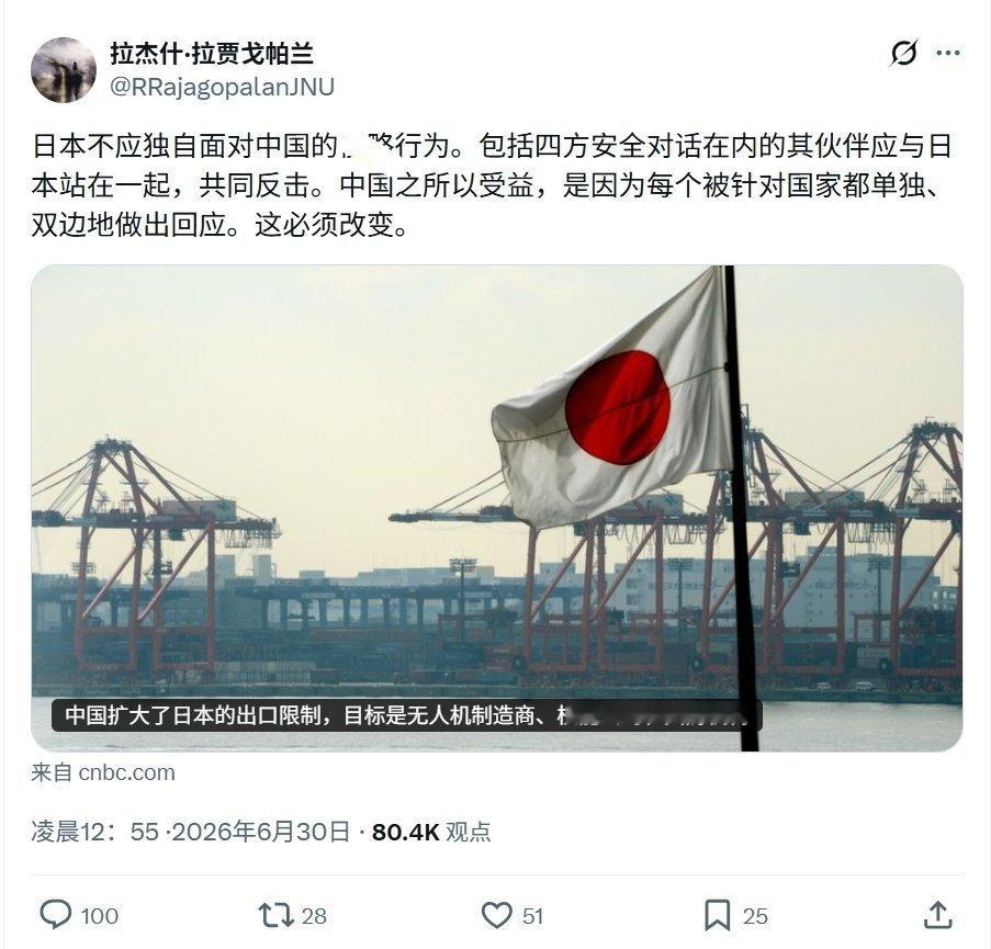 印度贾瓦哈拉尔·尼赫鲁大学的教授呼吁，日本不应该独自面对东大的出现限制，四方安全