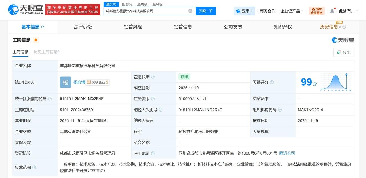 成都经开产业基金等成立汽车科技公司注册资本51亿
天眼查工商信息显示，近日，成都