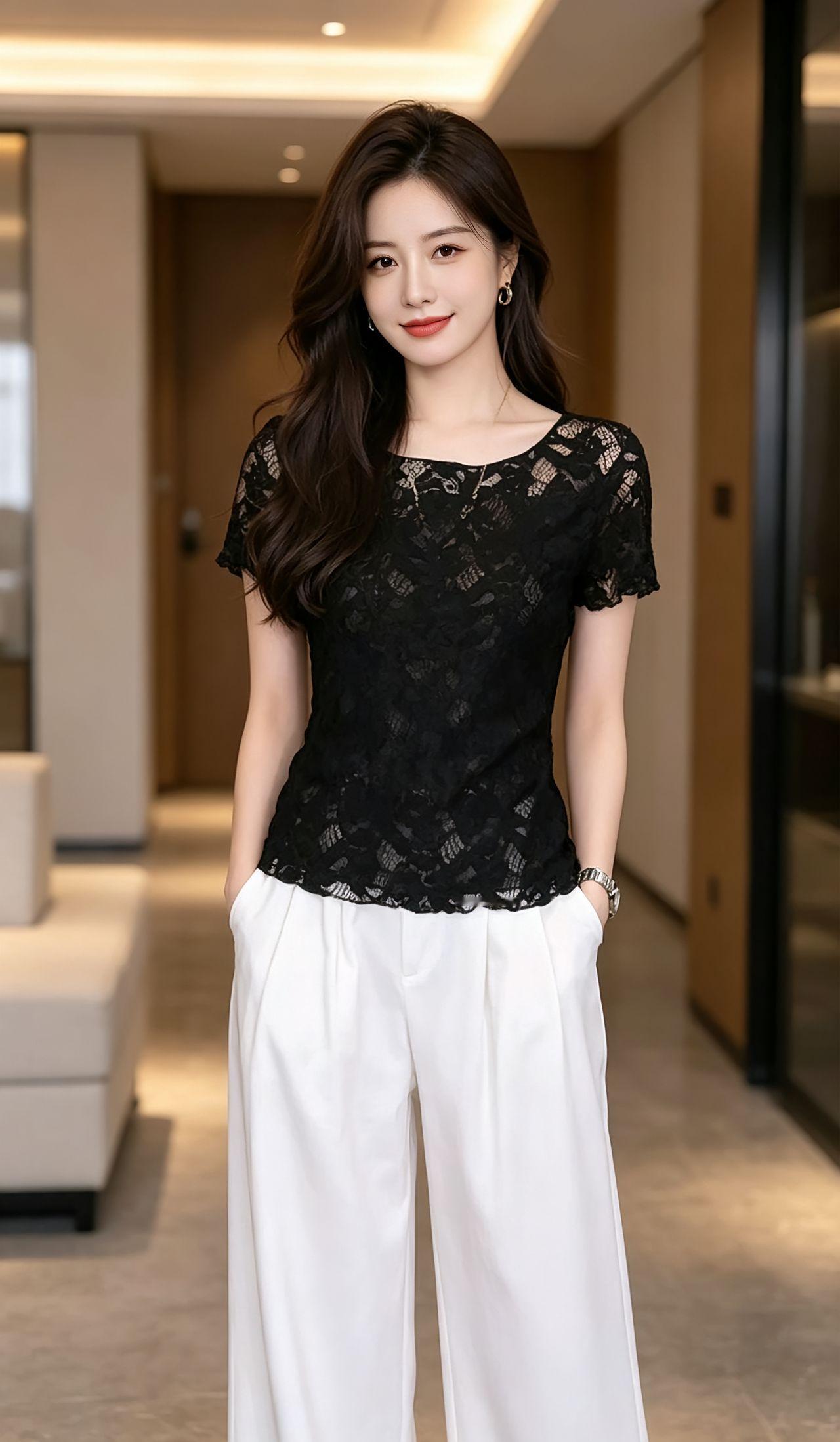 优雅黑蕾丝上衣搭配白色阔腿裤，简约时尚，尽显女性魅力！