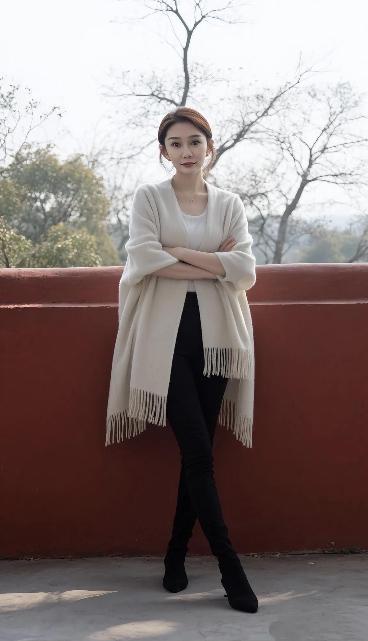 什么样的女人算自然美秋日穿搭指南：米色披肩+黑色紧身裤，温暖又时尚！🍂👗👠