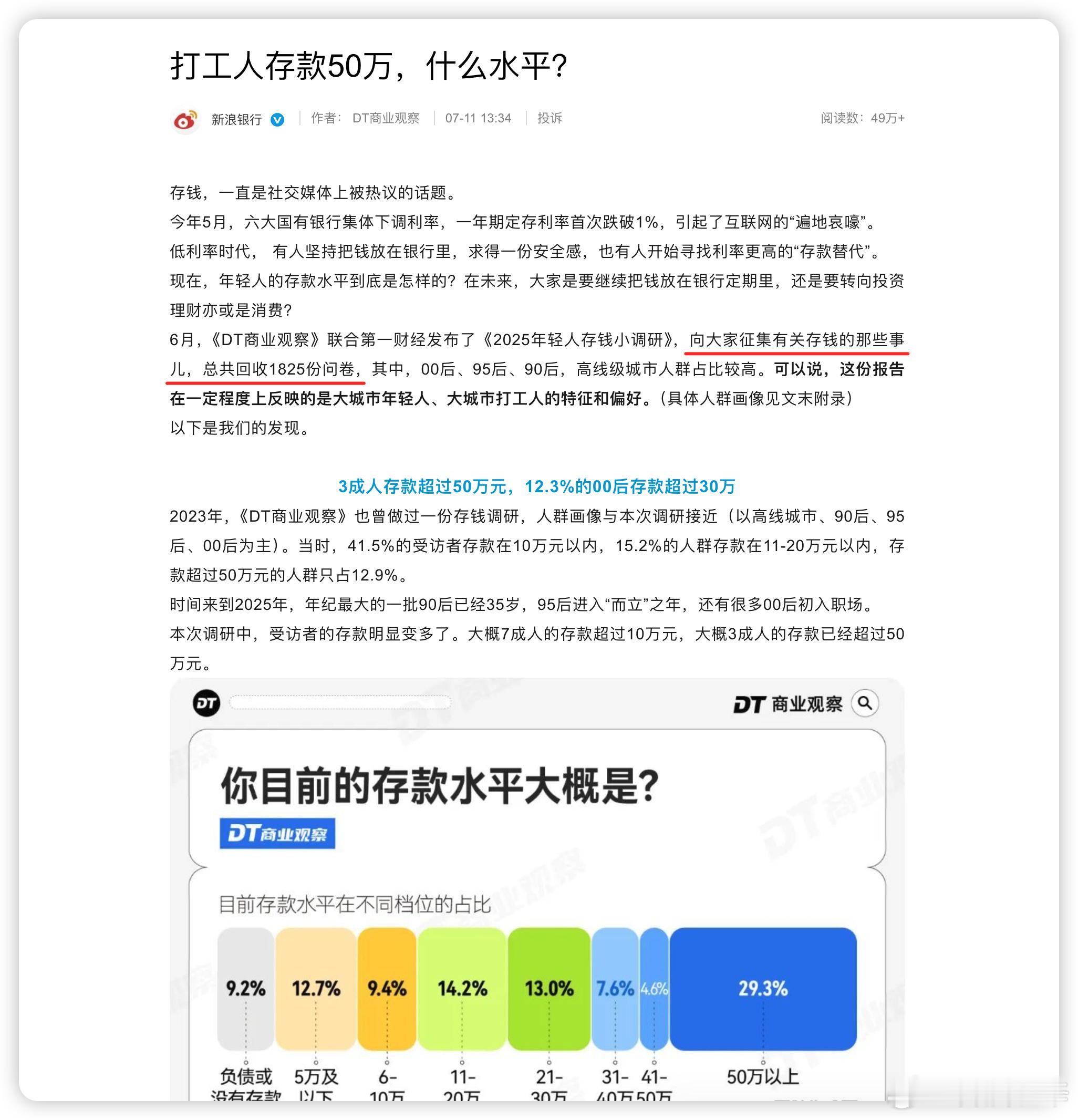 3成大城市打工人存款超50万元 感觉这也太扯了吧 …… 搞几个问卷调查，就能代表