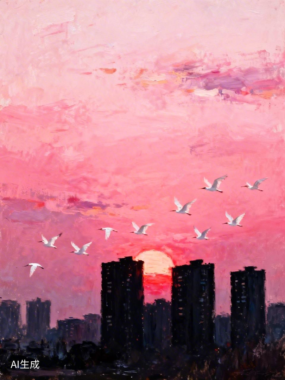 四月初的白昼开始变长，直到晚上6点多钟，夕阳才沉入天际线，天空是一片玫瑰红色，像