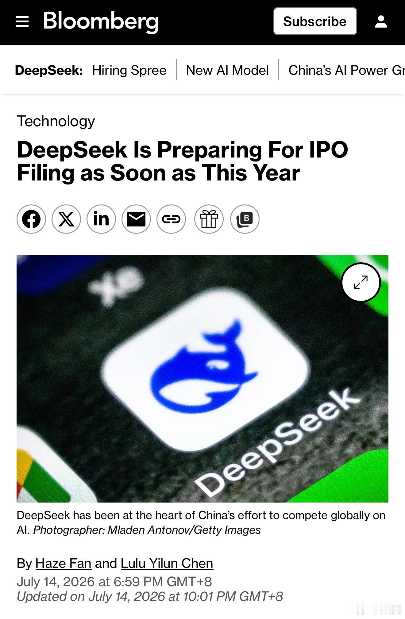 彭博：据悉 DeepSeek 准备最早今年提交 IPO 申请，已开始筹划在【中国